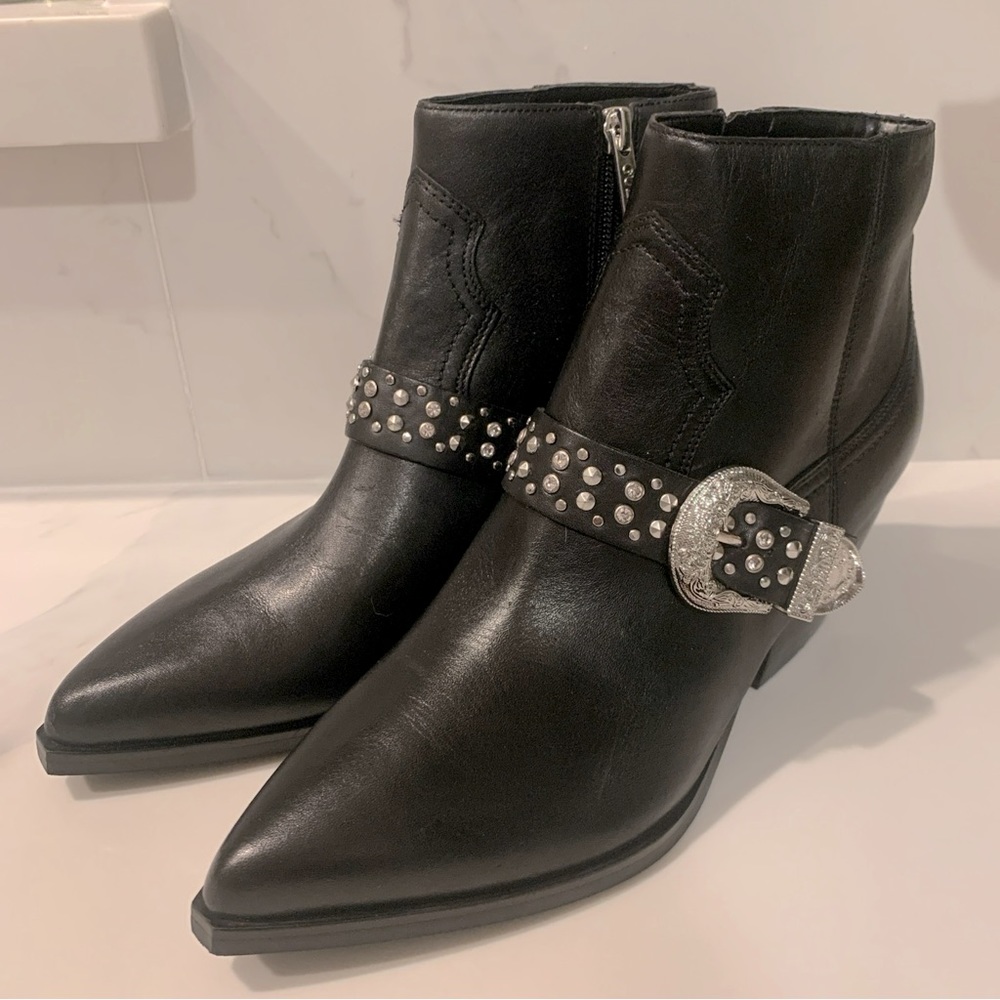 Guess Hermina Black Leather Moto Studded Western Ankle Boots Bootie 6.5 Cowboy - Picture 5 of 12